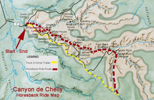 Route of the all-day horseback ride through Canyon de Chelly, a tough 19-mile adventure of a lifetime!