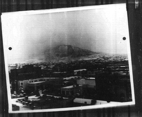 Actual photo of snow storm descending over the Franklin Mountains, taken one hour before the crash from the Downtown Federal Courthouse roof on 11 December 1953 1:30pm