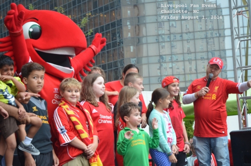 The Liverbird mascot meets some young fans as the party gets started in Charlotte