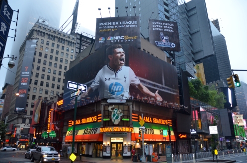 Gareth Bale -on a Times Square billboard-helps promote NBC sports coverage of the Barclays Premiere League 2013-2104
