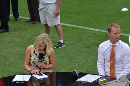 Rebecca Lowe and Robbie Mustoe at the anchor desk for the pre-game commentary, Liverpool vs. AC Milan, Charlotte