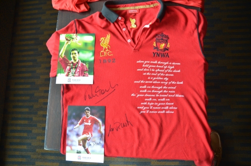 David Etzold's Liverpool FC fan shirt autographed by Ian Rush and Robbie Fowler
