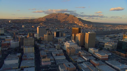 The Franklin Mountains, looking north from Downtown El Paso and the Mexican Border at the Rio Grande, where El Paso, Texas and Juarez, Mexico share a valley and a 400-year history.