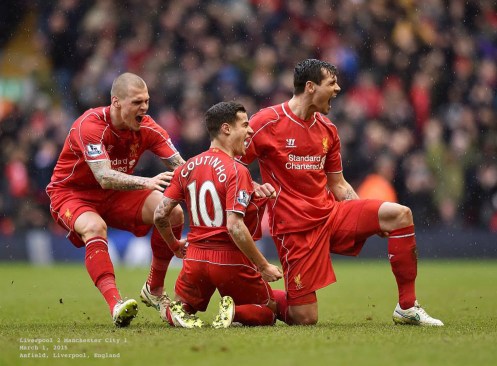 Liverpool-2  Man City-1 March 1 2015-Coutinho Celebration-label