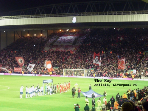 Anfield, Liverpool FC home ground, with the Kop in full voice and motion before the start of a game.